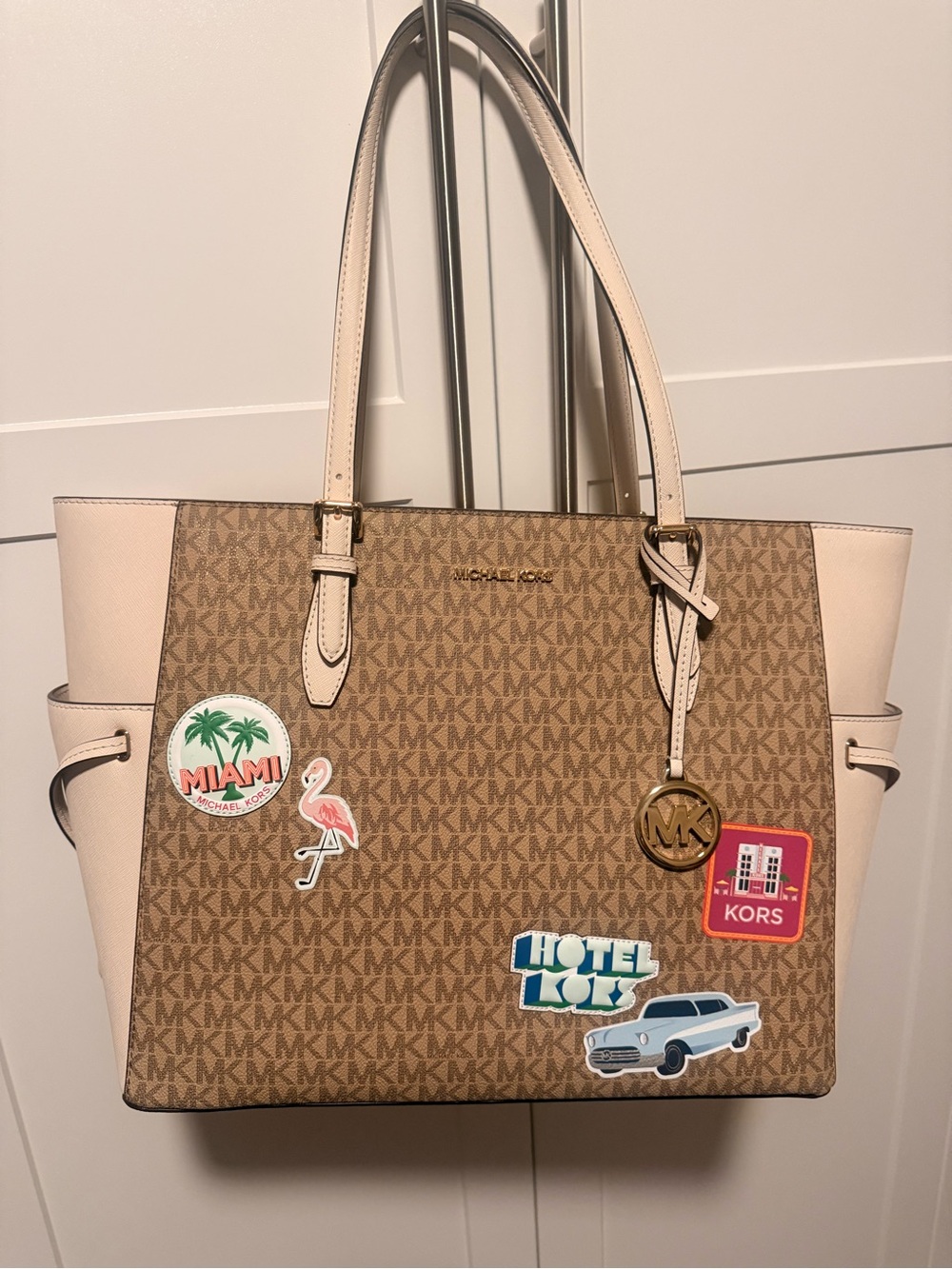Michael Kors Beige and Brown Logo Tote with Gold Charm